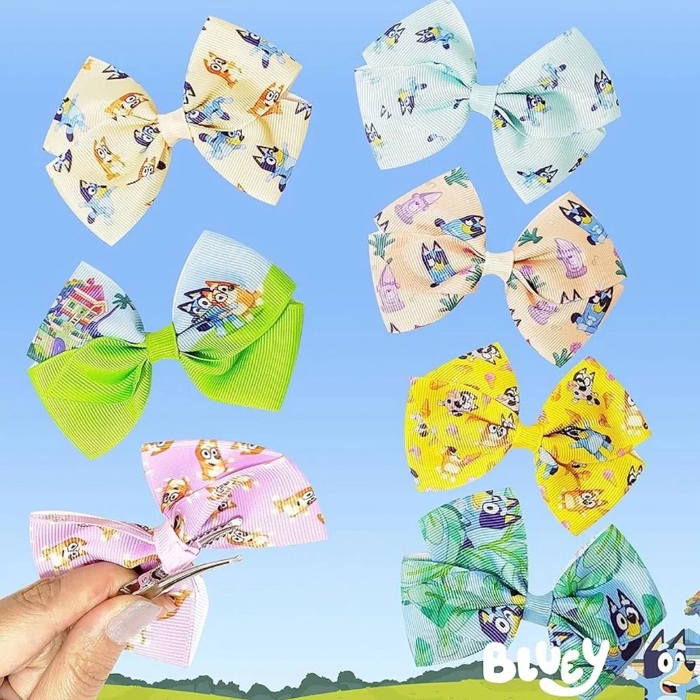 7 Piece 4 inch Bluey Colorful Cartoon Bow Set for Kids